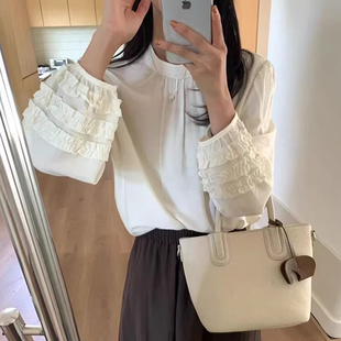 法式气质拼接木耳花边立领衬衫女早春新款宽松百搭层次感别致上衣