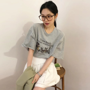 韩国chic春夏新款 T恤上衣 小众百搭圆领卡通印花设计宽松百搭短袖
