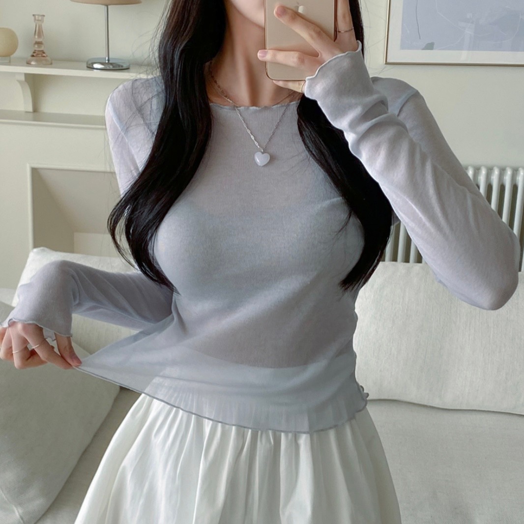 波浪边圆领修身显瘦长袖打底衫