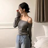 新款 气质百搭一字领露肩修身 显瘦长袖 韩国chic秋季 针织衫 配吊带女