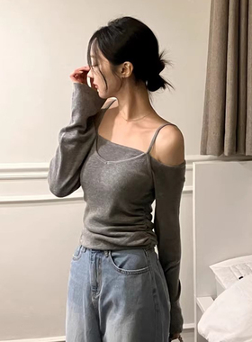 韩国chic秋季新款气质百搭一字领露肩修身显瘦长袖针织衫配吊带女