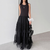 法式 良良家赫本风撞色拼接网纱背心连衣裙女夏季 新款 气质蛋糕长裙