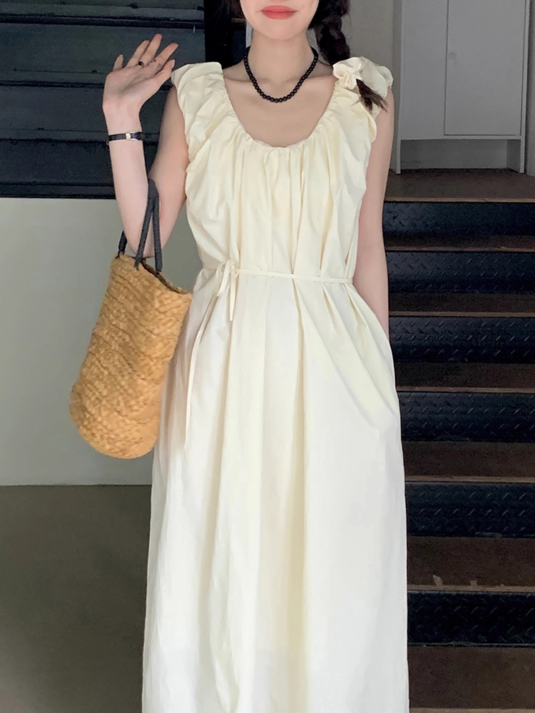 韩国chic夏季法式小众U型领褶皱感设计系带收腰长款背心连衣裙女