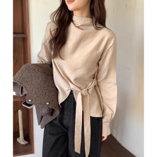 小众气质不规则绑带收腰百搭衬衫 上衣 女早春立领纯色开叉设计长袖