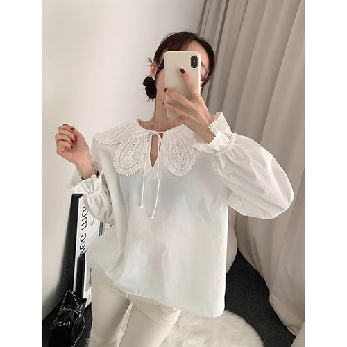 镂空提花宽松百搭系带长袖衬衫