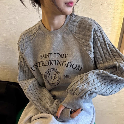 宽松百搭拼接针织长袖卫衣