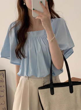 法式温柔蓝色衬衫女夏季小个子方领松紧褶皱喇叭袖宽松百搭娃娃衫