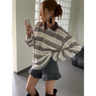 良良家复古撞色polo领条纹长袖T恤女秋季新款巨好看宽松休闲上衣