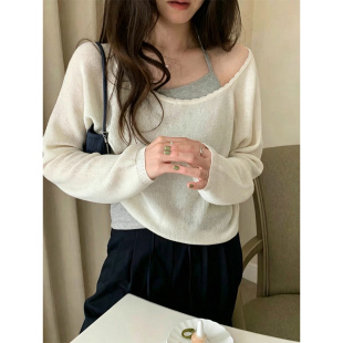 慵懒风波浪边露肩薄款长袖针织衫女夏季宽松显瘦气质纯色套头上衣