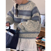毛衣女 条纹针织衫 韩国chic冬季 甜美减龄圆领宽松重磅粗线保暖长袖