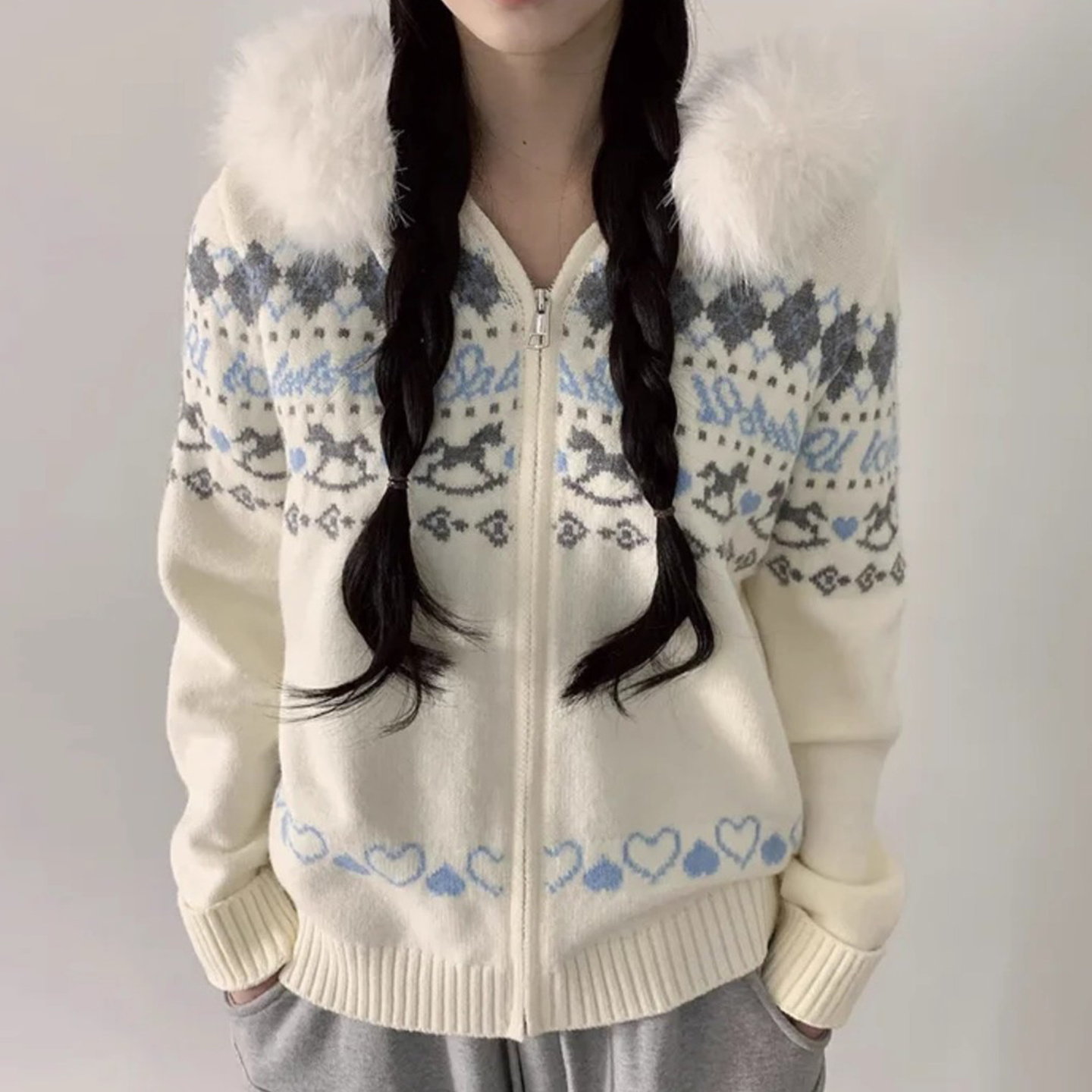 费尔岛提花大毛领连帽毛衣外套