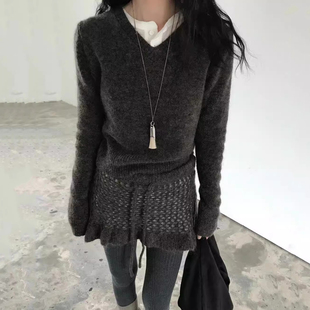 新款 时尚 毛衣女2025冬季 马海毛软糯针织衫 高腰镂空半身裙屁帘 套装