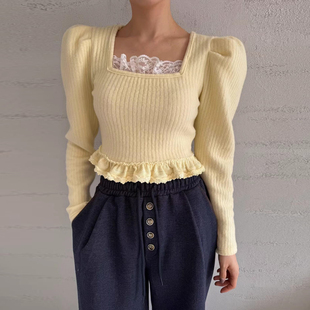 减龄蕾丝拼接方领坑条短款打底衫T恤女2025秋季新款百搭显瘦上衣