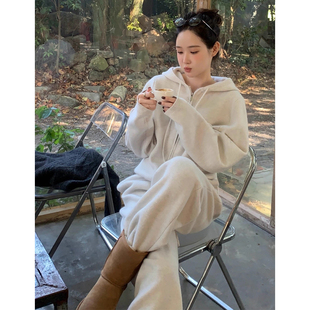 时尚套装简约拉链连帽卫衣外套女2025冬季新款高腰休闲长裤两件套