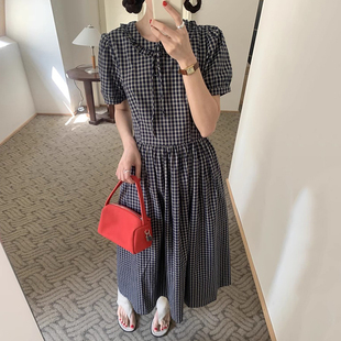良良家复古甜美木耳边娃娃领格子连衣裙女夏季 长裙 新款 韩系泡泡袖