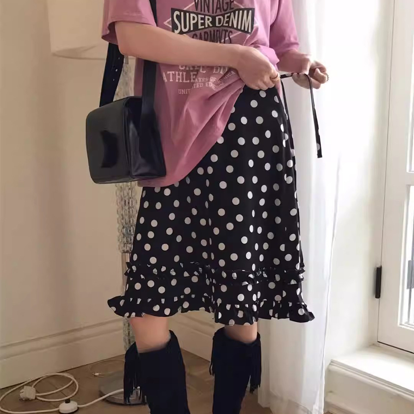 良良家 2026春季新款复古波点木耳荷叶边侧边系带高腰半身裙女