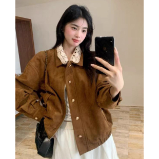 上衣 复古宽松长袖 美拉德可拆卸镂空花边领夹克外套女2025秋季 新款