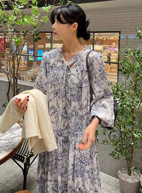 chicV领水墨印花宽松长袖连衣裙