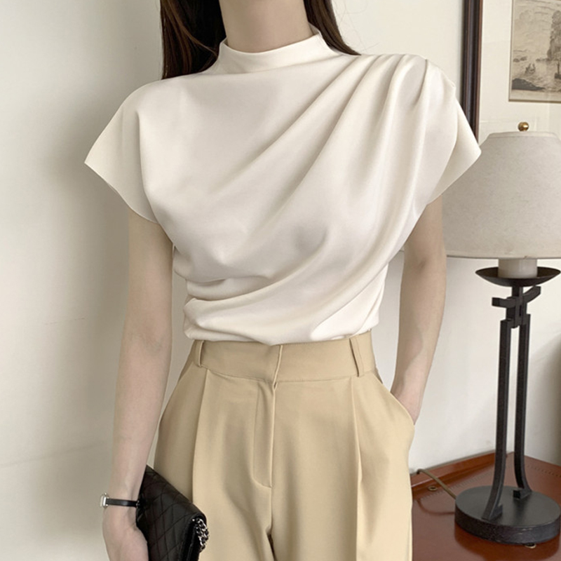 chic半高领褶皱宽松休闲短袖T恤
