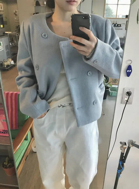 韩系蓝色加棉加厚短款毛呢外套女