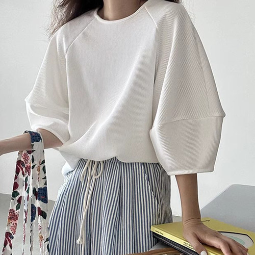 坑条短款白色灯笼袖T恤上衣