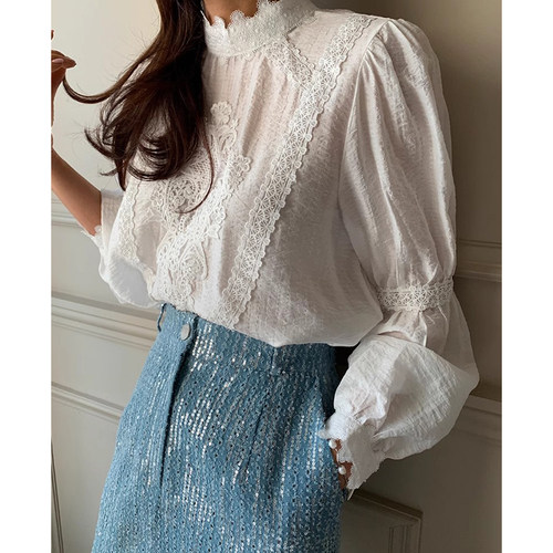 优雅气质蕾丝钩花泡泡袖衬衫