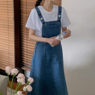 韩国chic夏季新款复古别致爱心纽扣装饰收腰显瘦牛仔背带连衣裙女