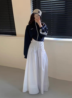 良良家高腰系带白色半身裙女春季新款气质百搭显瘦A字裙中长裙子