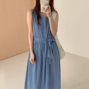 新款 良良家V领撞色格子背心连衣裙女夏季 复古减龄绑带收腰长裙子