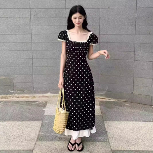 新款 良良家宫廷风蕾丝拼接方领波点连衣裙女夏季 收腰显瘦A字长裙