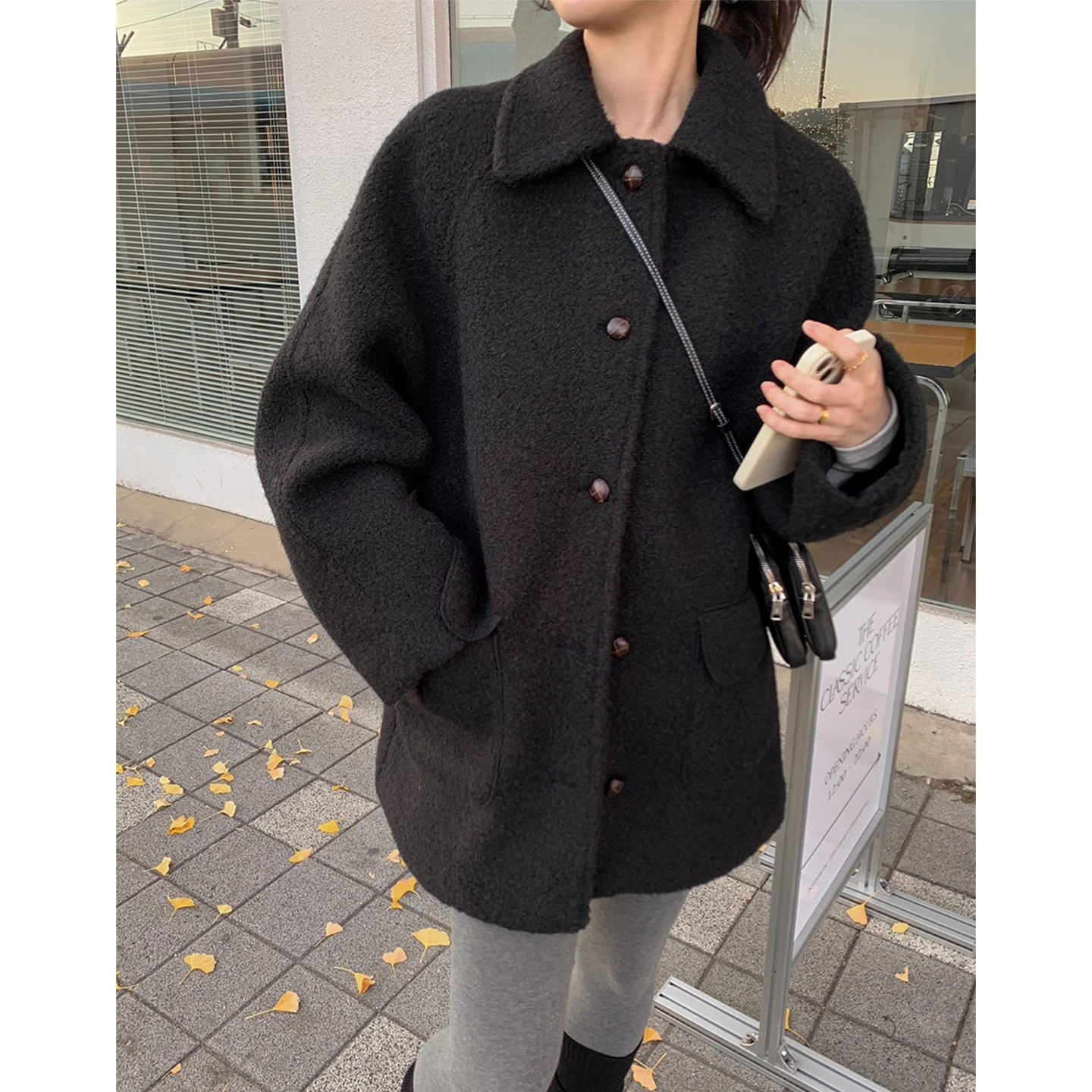 高级感单排扣中长款毛呢外套