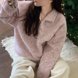 韩国chic秋冬甜美减龄翻领半拉链杂色混织宽松百搭长袖 羊羔毛卫衣