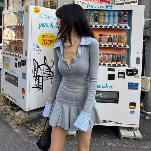 拼色翻领长袖连衣裙高腰短裤女