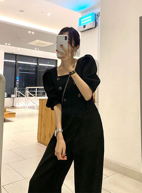 小众设计感方领双排扣连体裤长裤