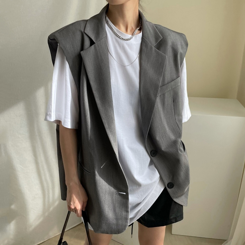 韩国chic复古西装领两粒扣西服马甲外套+宽松百搭短袖T恤上衣女