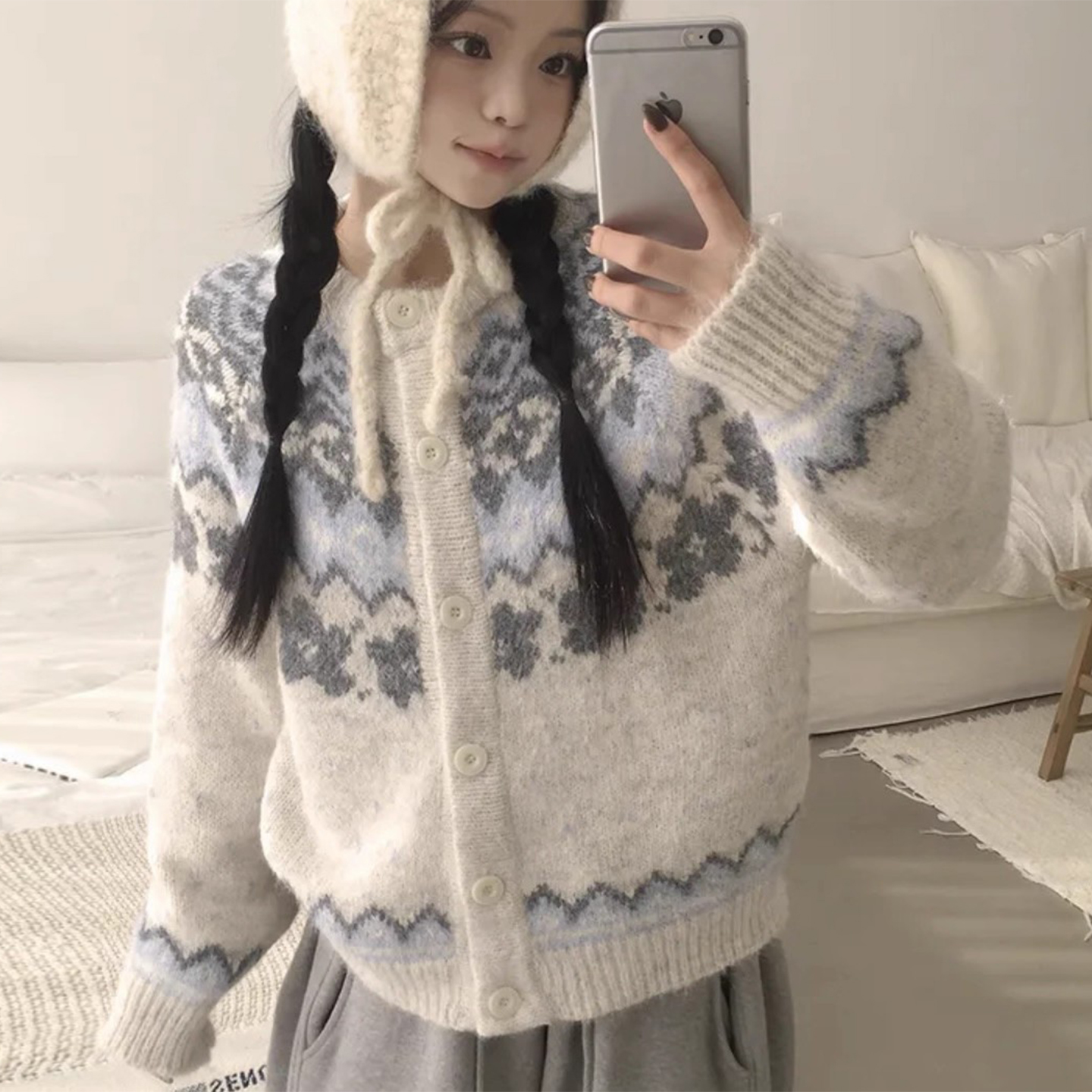 单排扣费尔岛拼色毛衣外套