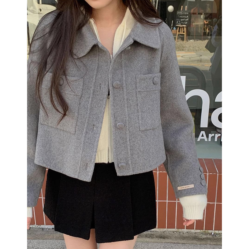 韩国chic冬季法式气质翻领单排扣宽松百搭双口袋小个子呢子外套女