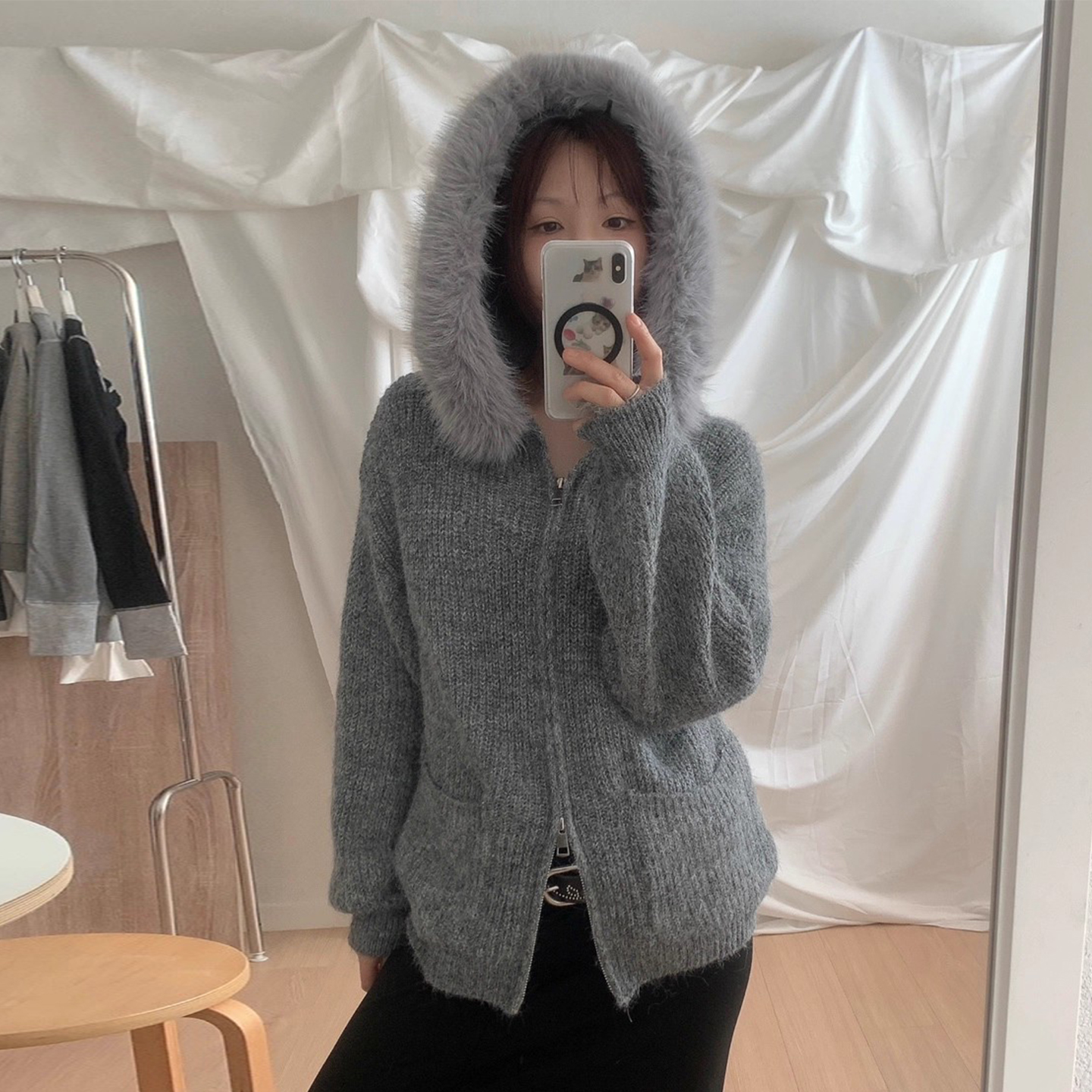 大毛领连帽针织开衫毛衣外套