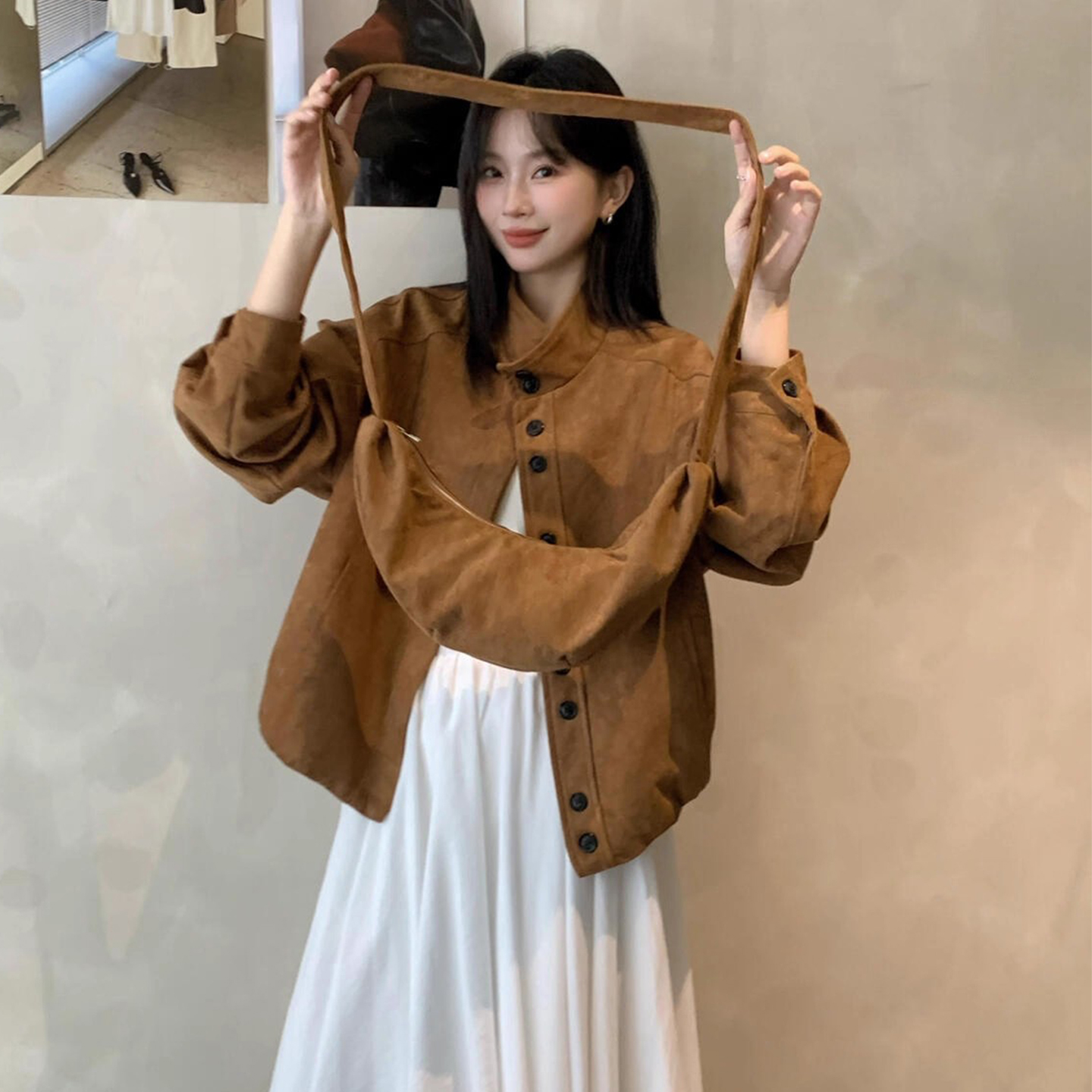美拉德复古鹿皮绒机车服短外套