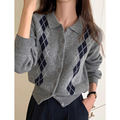 学院风撞色菱格提花针织开衫 新坤小排扣软糯毛衣 短外套女2025秋季