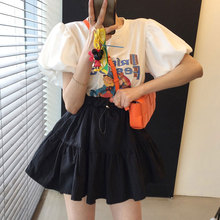 俏皮减龄圆领卡通字母灯笼袖 韩国chic夏季 高腰抽绳蓬蓬半身裙 T恤