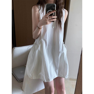 良良家减龄俏皮系带大口袋背心连衣裙女夏季 短裙子 新款 小个子无袖