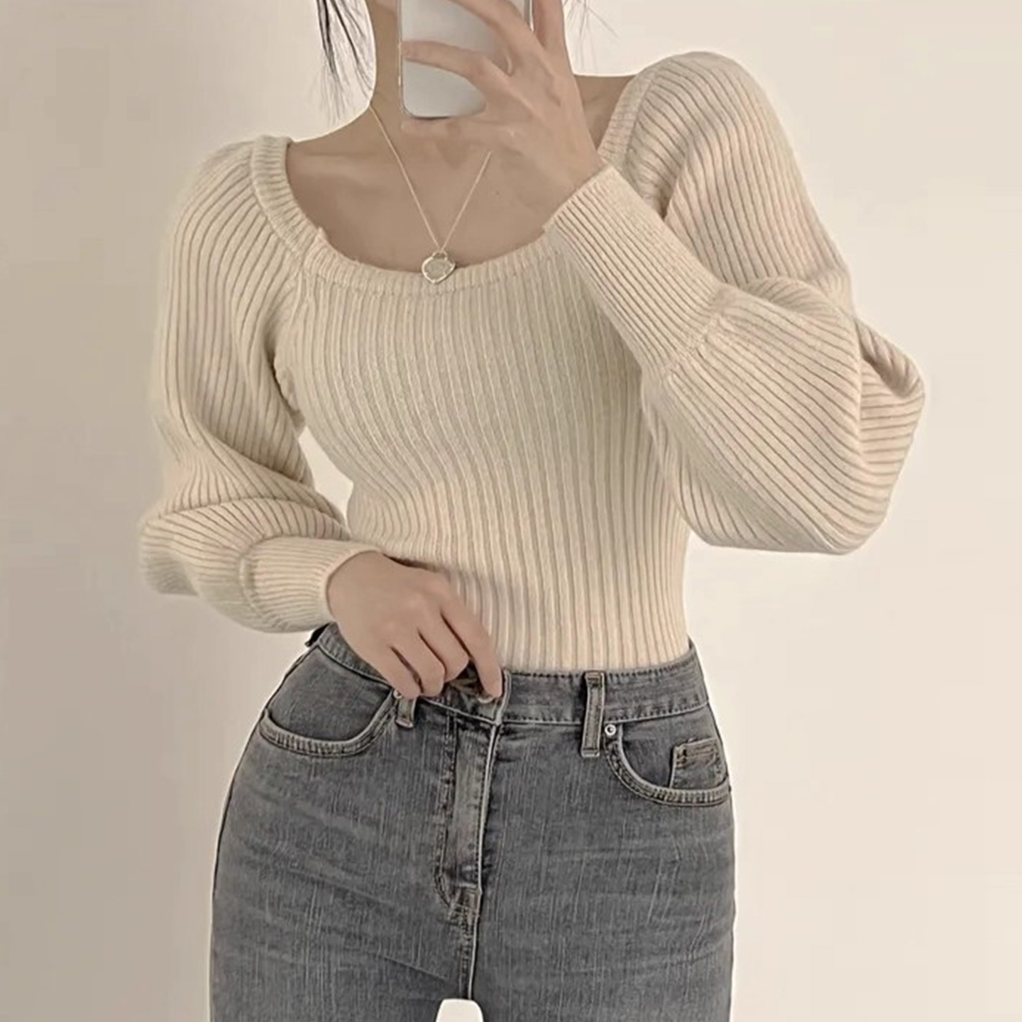 复古小众方领坑条泡泡袖打底毛衣