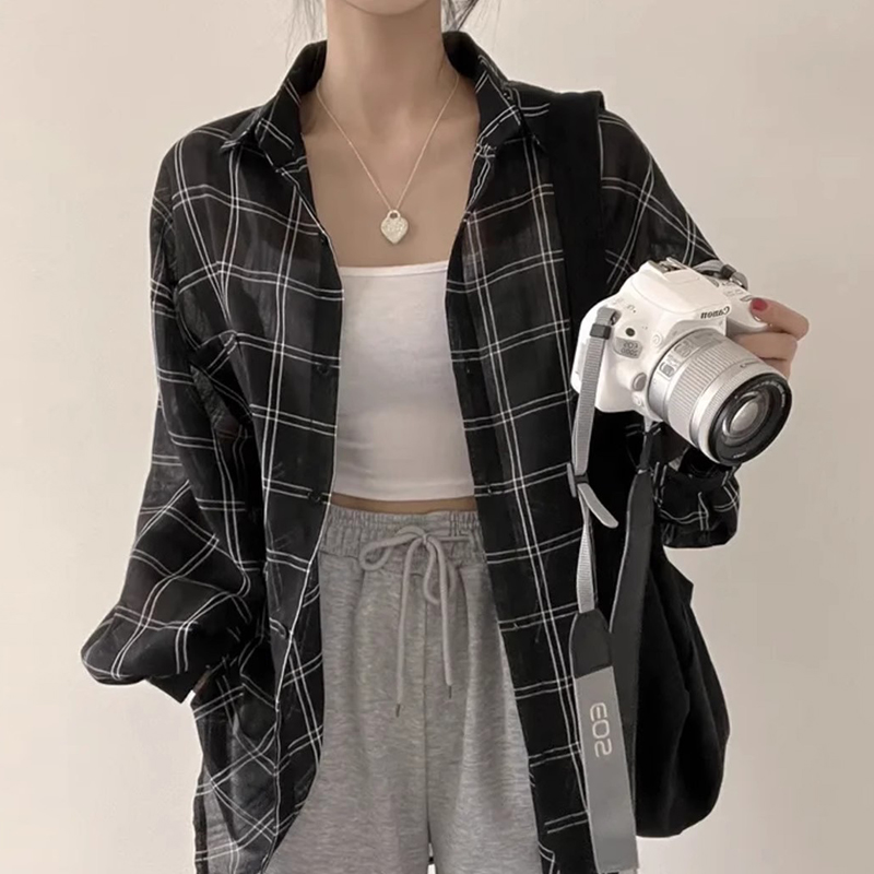 良良家慵懒风撞色格子防晒衫衬衫外套女夏季新款小众百搭薄款上衣