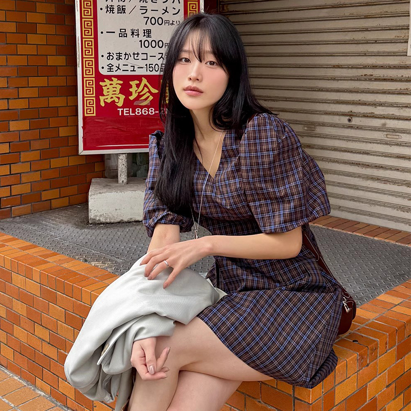 良良家复古格子连衣裙女