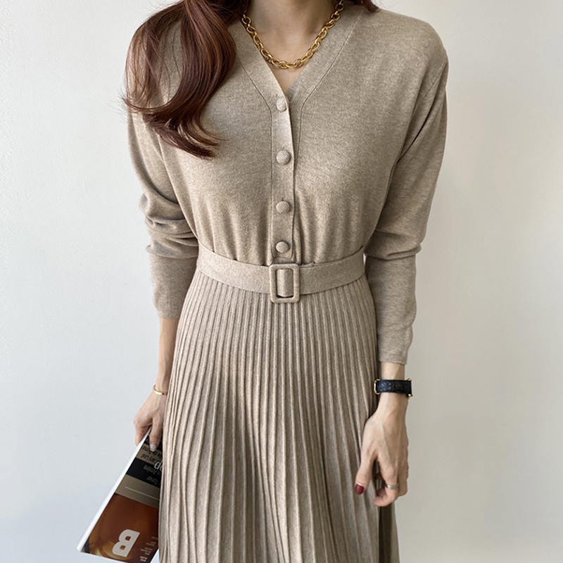 chicV领系带收腰显瘦压褶连衣裙