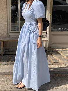 韩国chic夏季 连衣裙女 优雅气质圆领抽褶大口袋设计高腰显瘦泡泡袖