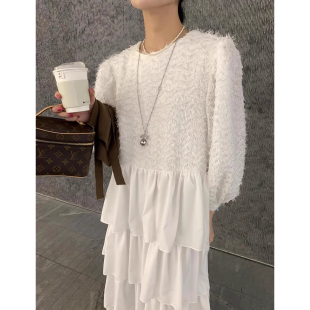 甜美减龄毛绒绒拼接层层蛋糕长袖连衣裙女早春季新款宽松百搭长裙