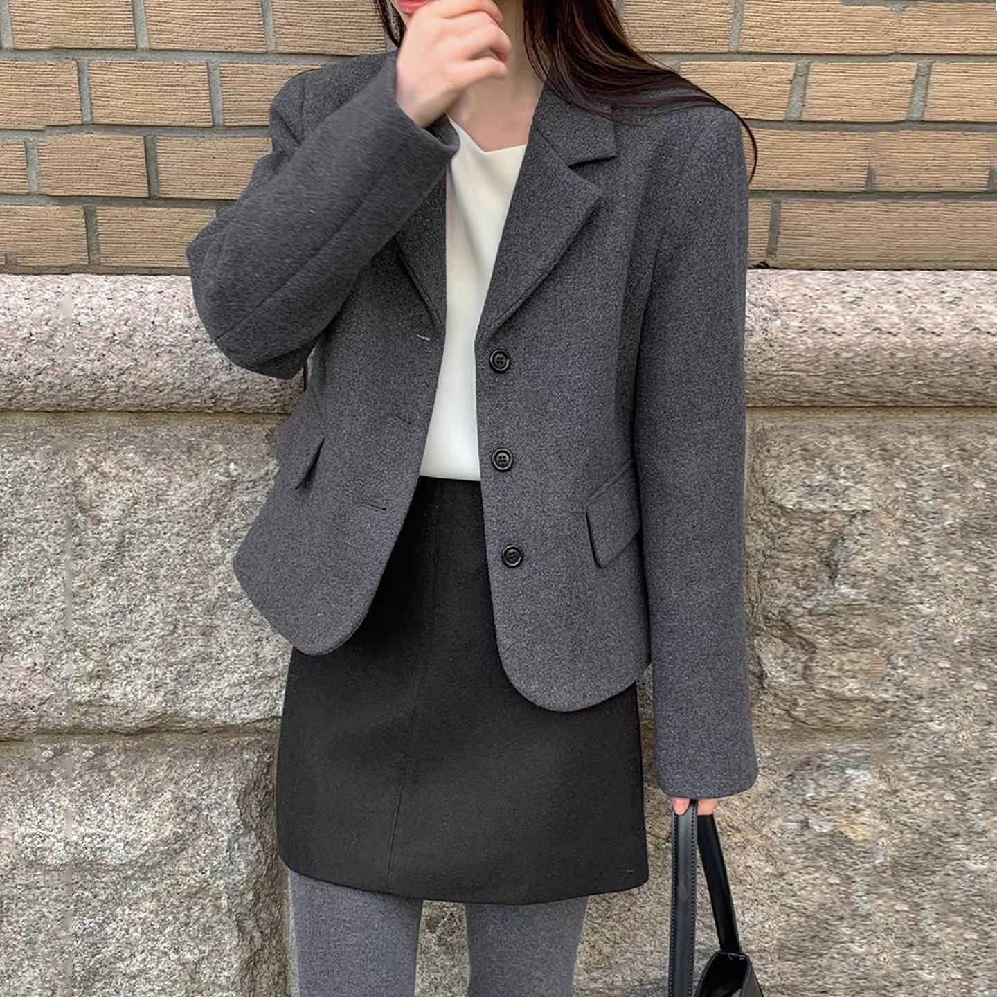复古通勤短款百搭西装式呢子外套