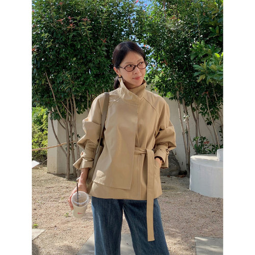 个性拼接不规立领短款风衣外套女